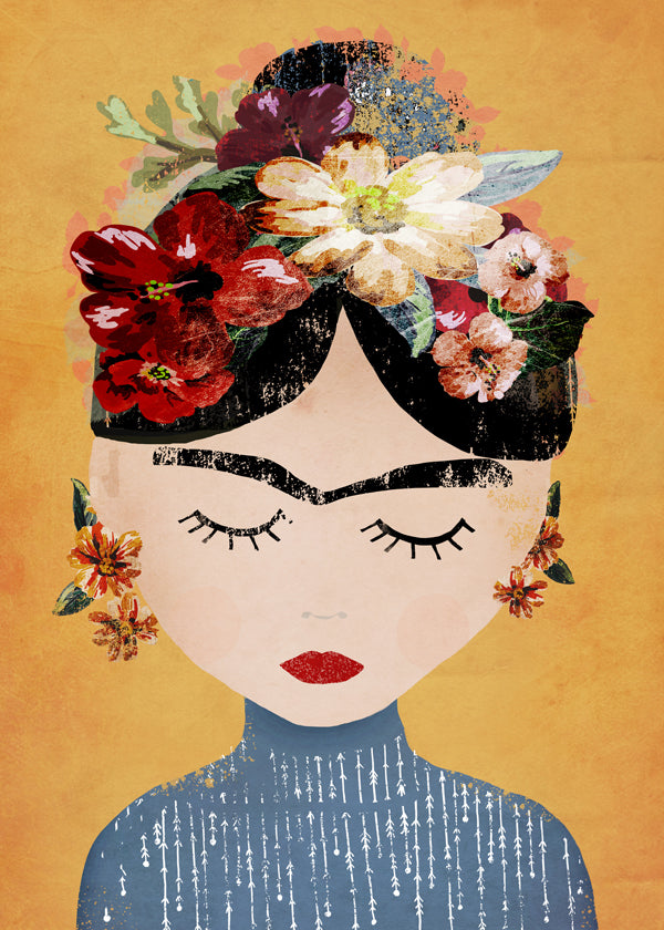 Ilustrace Frida s kvetinovým vencem