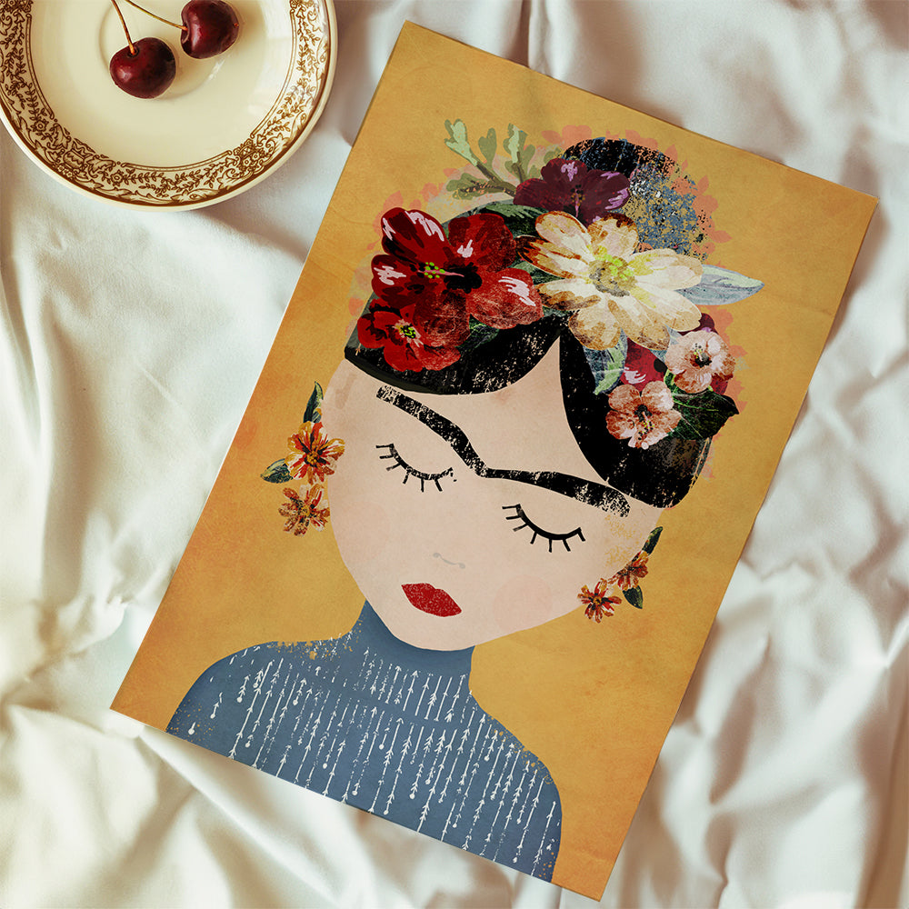 Ilustrace Frida s kvetinovým vencem