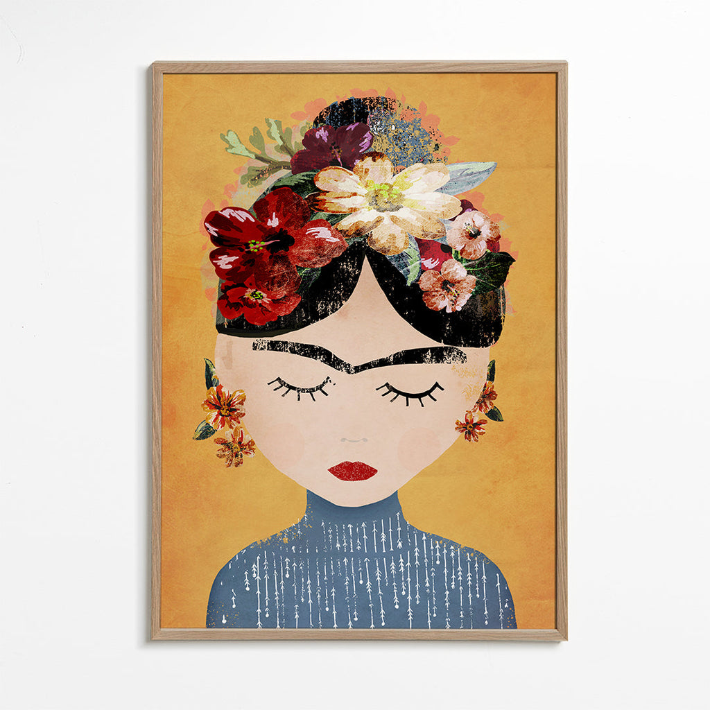 Ilustrace Frida s kvetinovým vencem