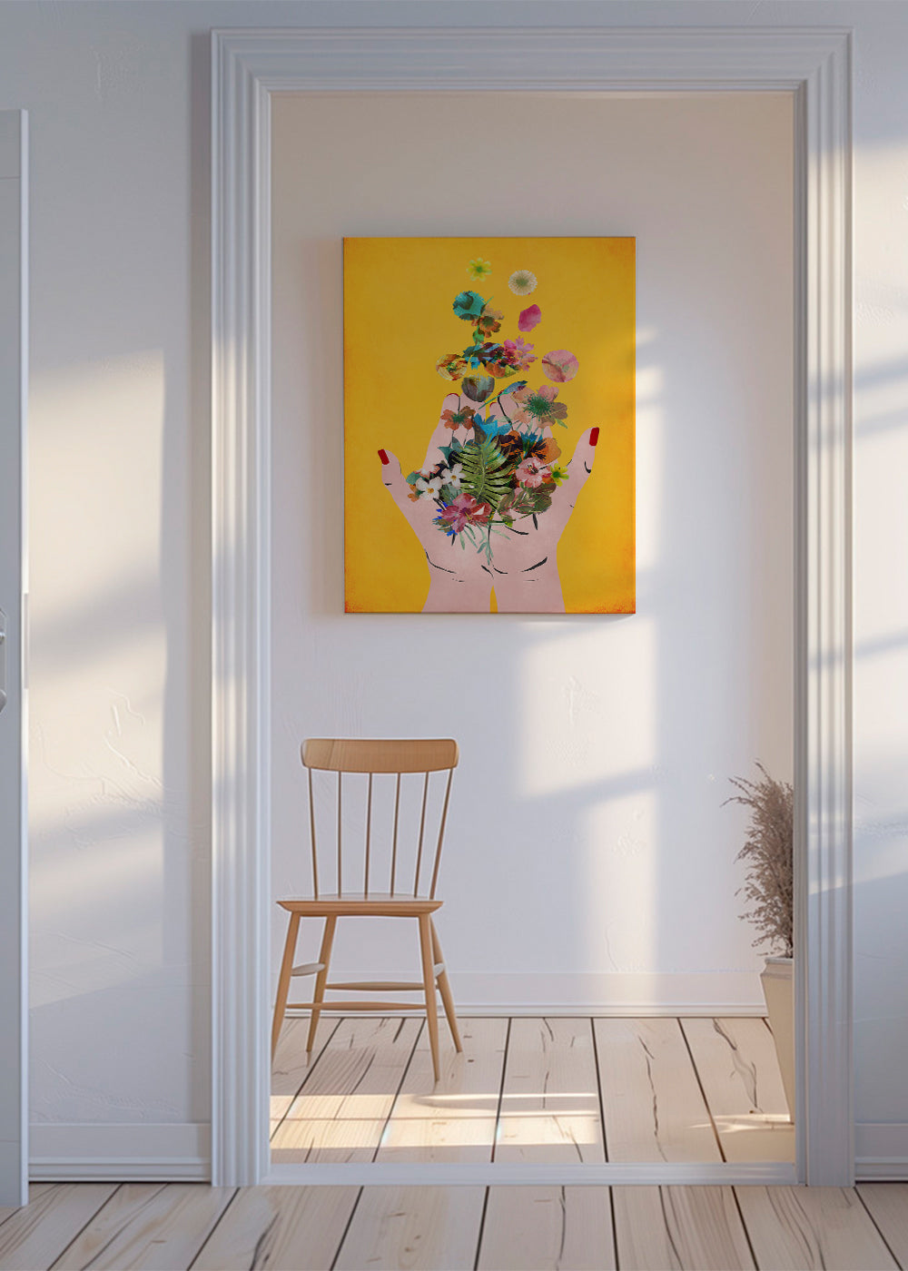Botanický tisk ruce s květinami na žlutém pozadí