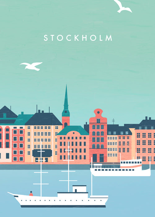 Plakát Stockholm s přístavem a loděmi