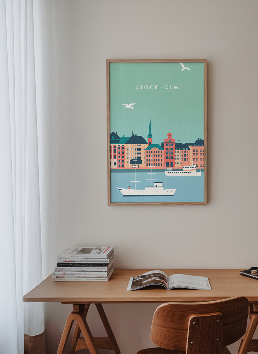 Plakát Stockholm s přístavem a loděmi