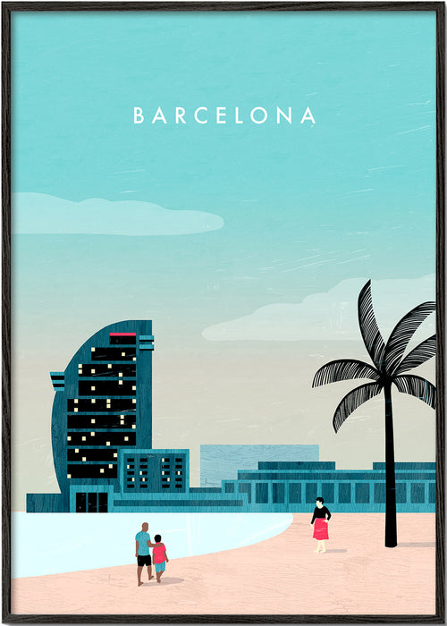 Plakát města Barcelona, plážová scéna