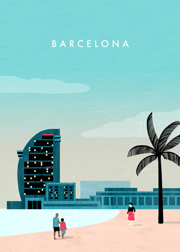 Plakát města Barcelona, plážová scéna