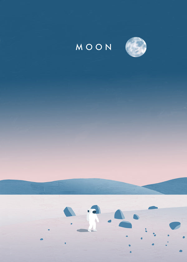 Ilustrace měsíční krajiny s astronautem