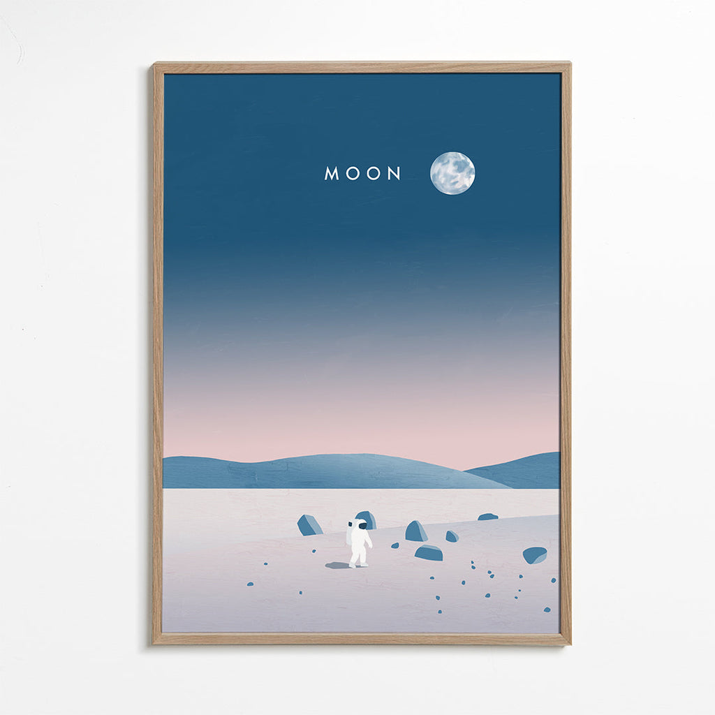 Ilustrace měsíční krajiny s astronautem