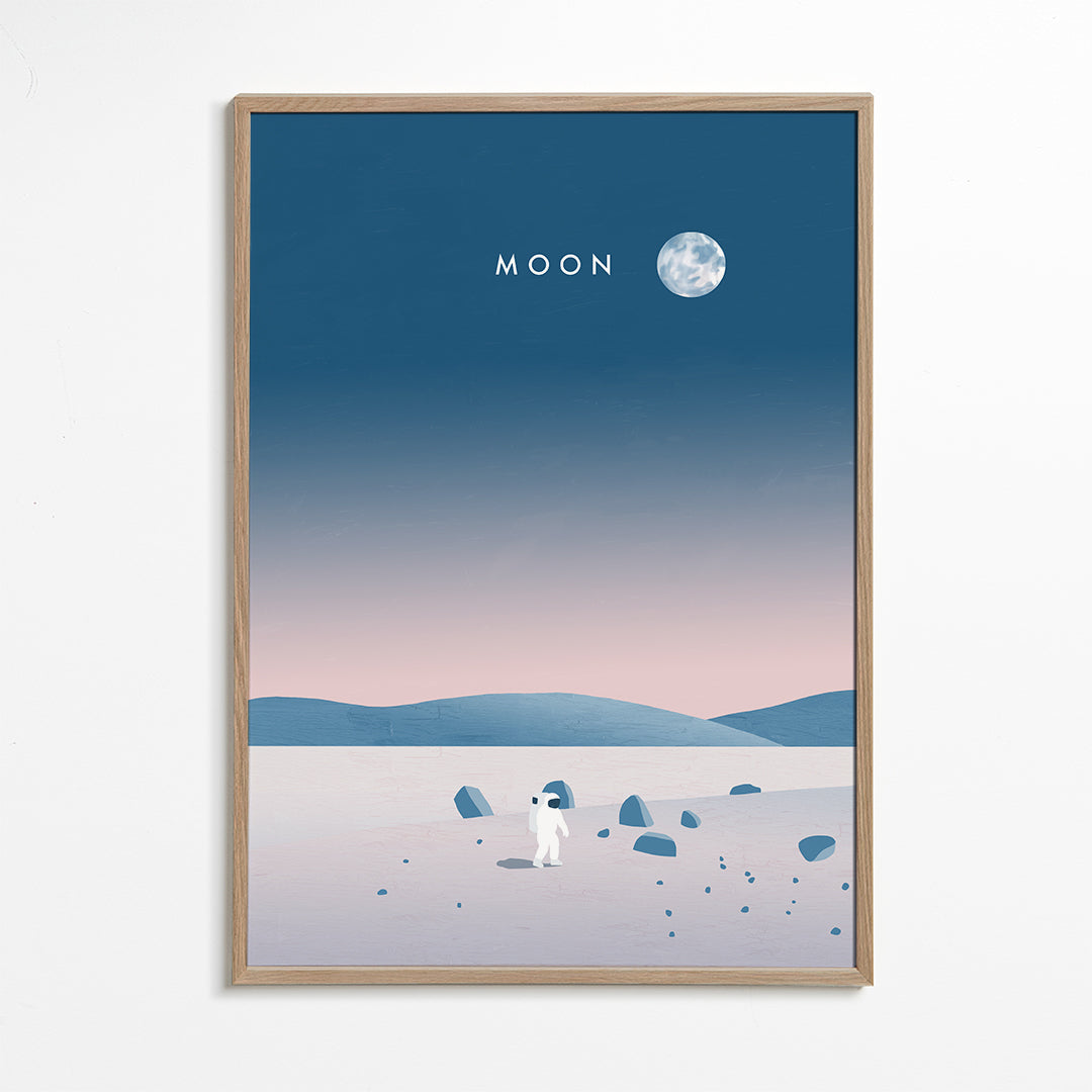 Ilustrace měsíční krajiny s astronautem