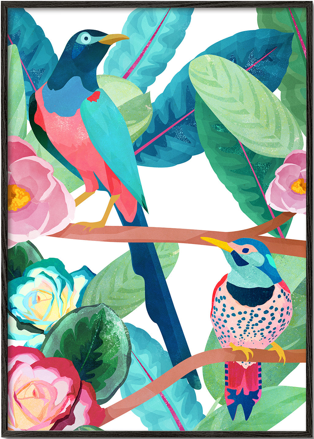 Ilustrace ptáků a květin na větvi