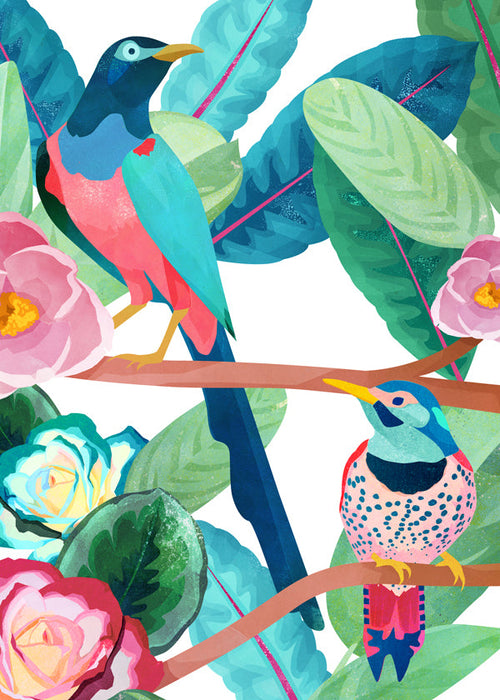 Ilustrace ptáků a květin na větvi