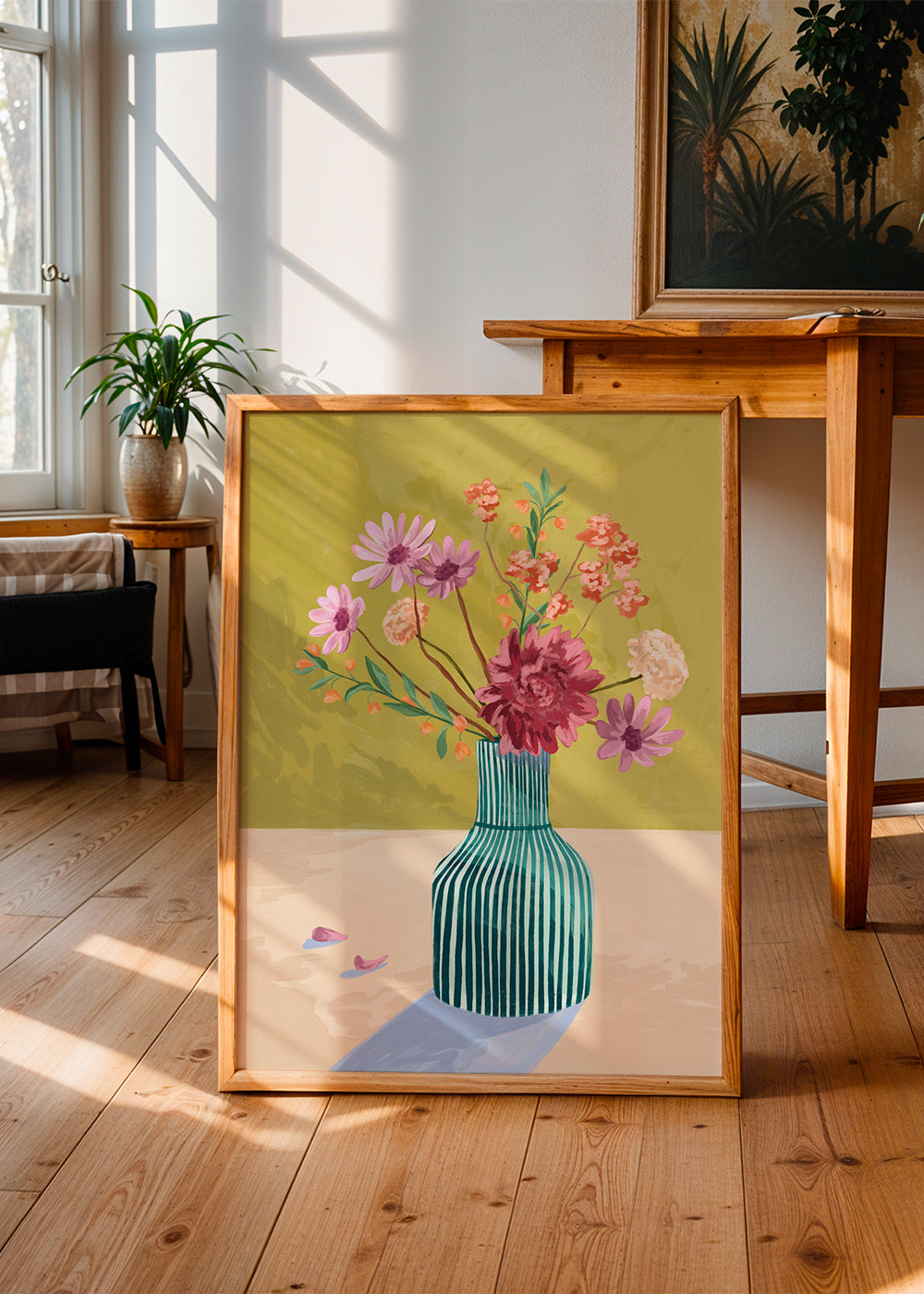 Botanický plakát pruhovaná váza s kyticí
