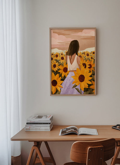 Botanický plakát: žena mezi slunečnicemi
