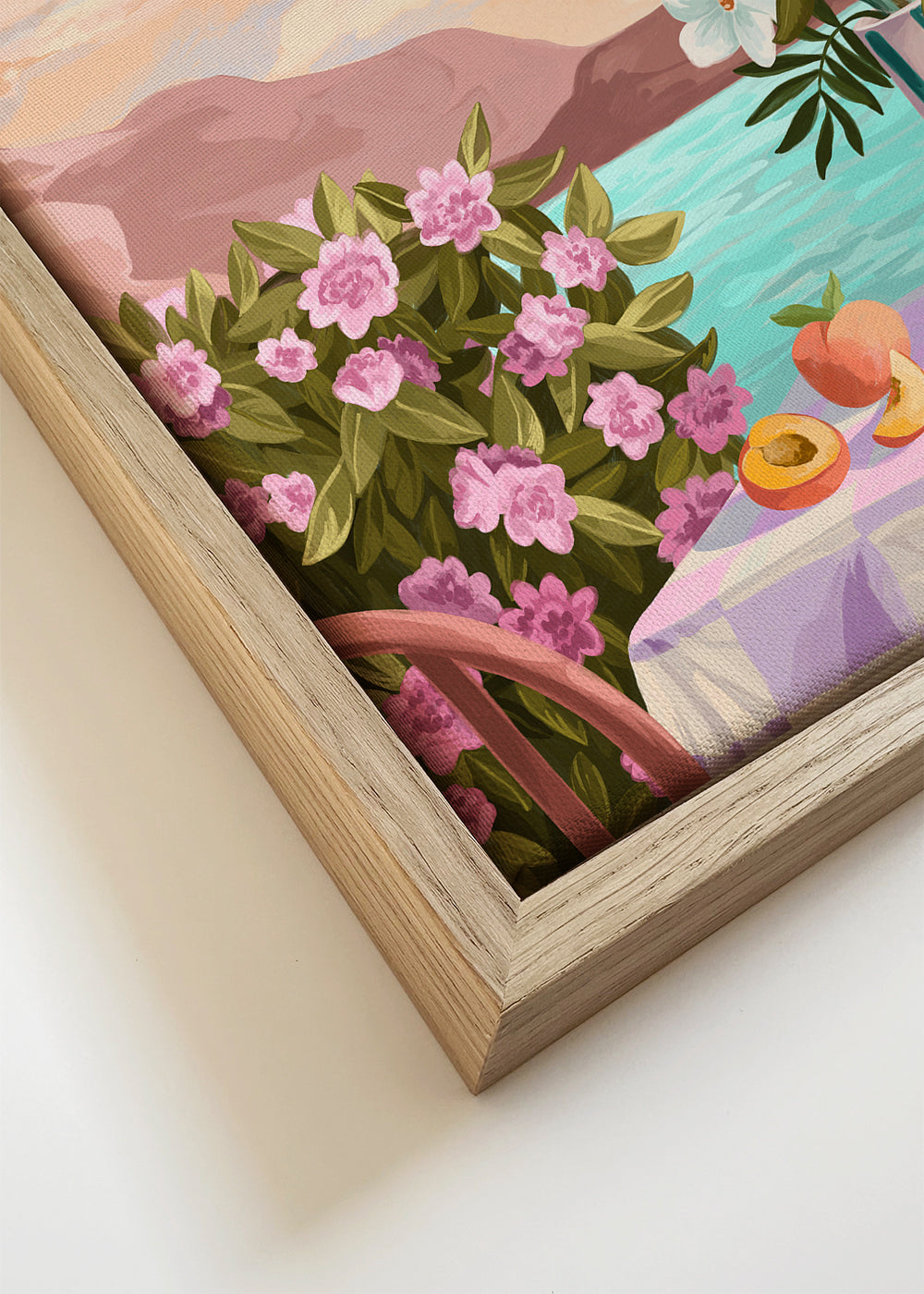 Botanický plakát s vázičkou a ovocem u moře