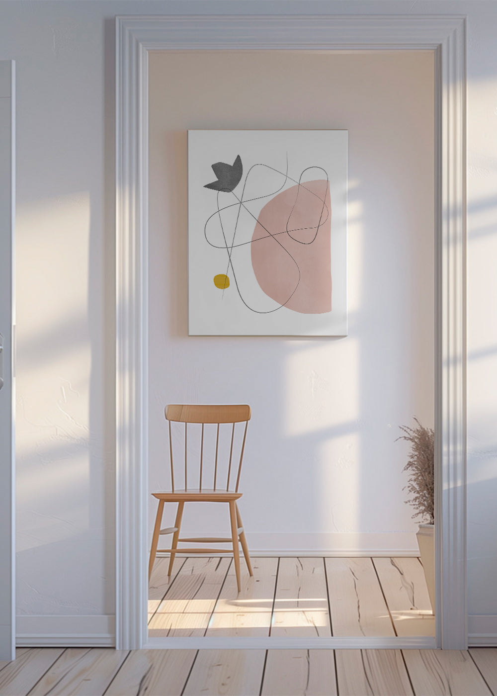 Abstraktní umění s růžovou formou a linií