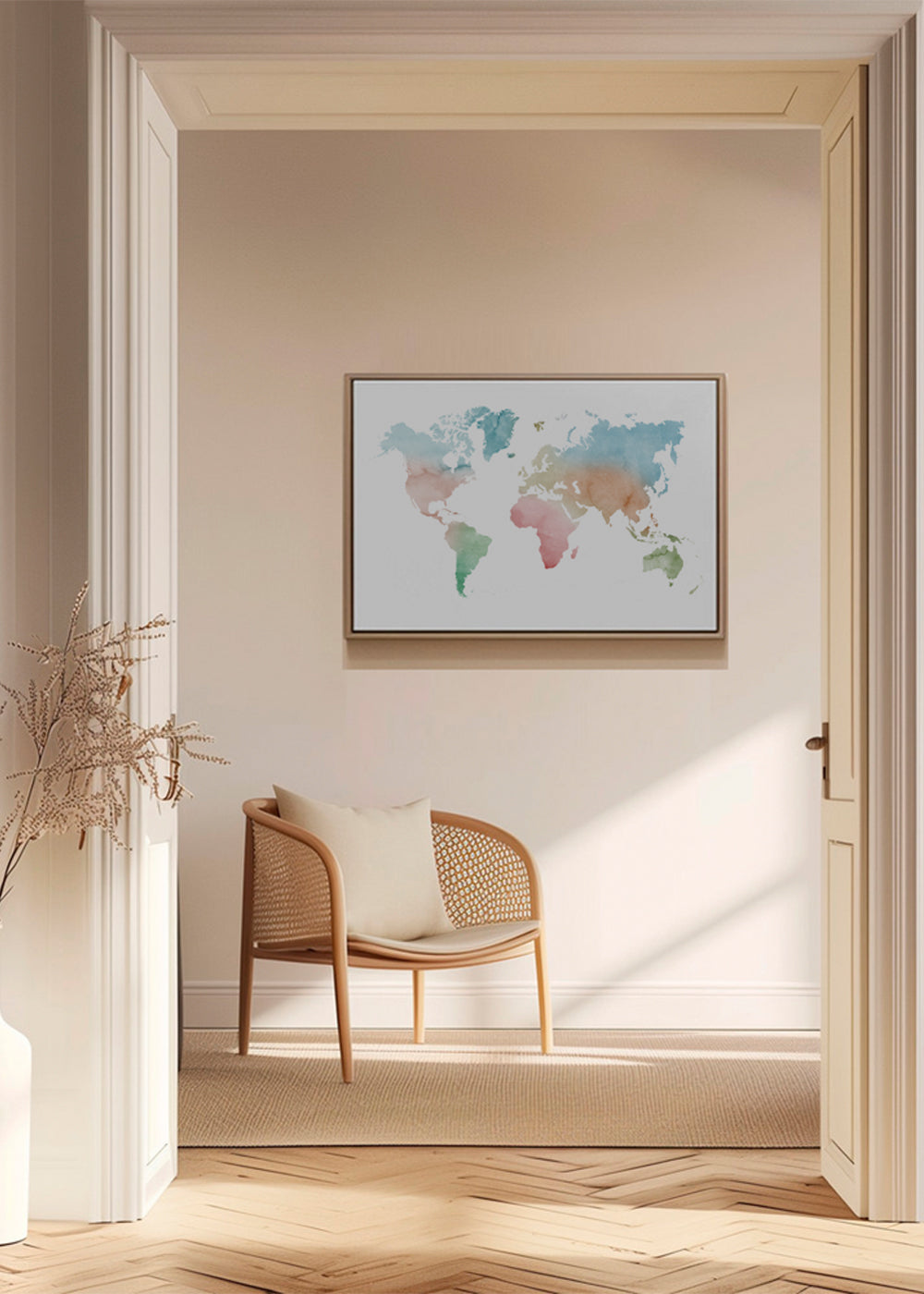 Cestovní plakát: světová mapa akvarel pastel