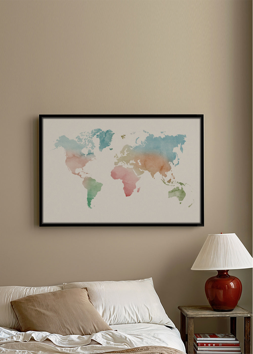 Cestovní plakát: světová mapa akvarel pastel