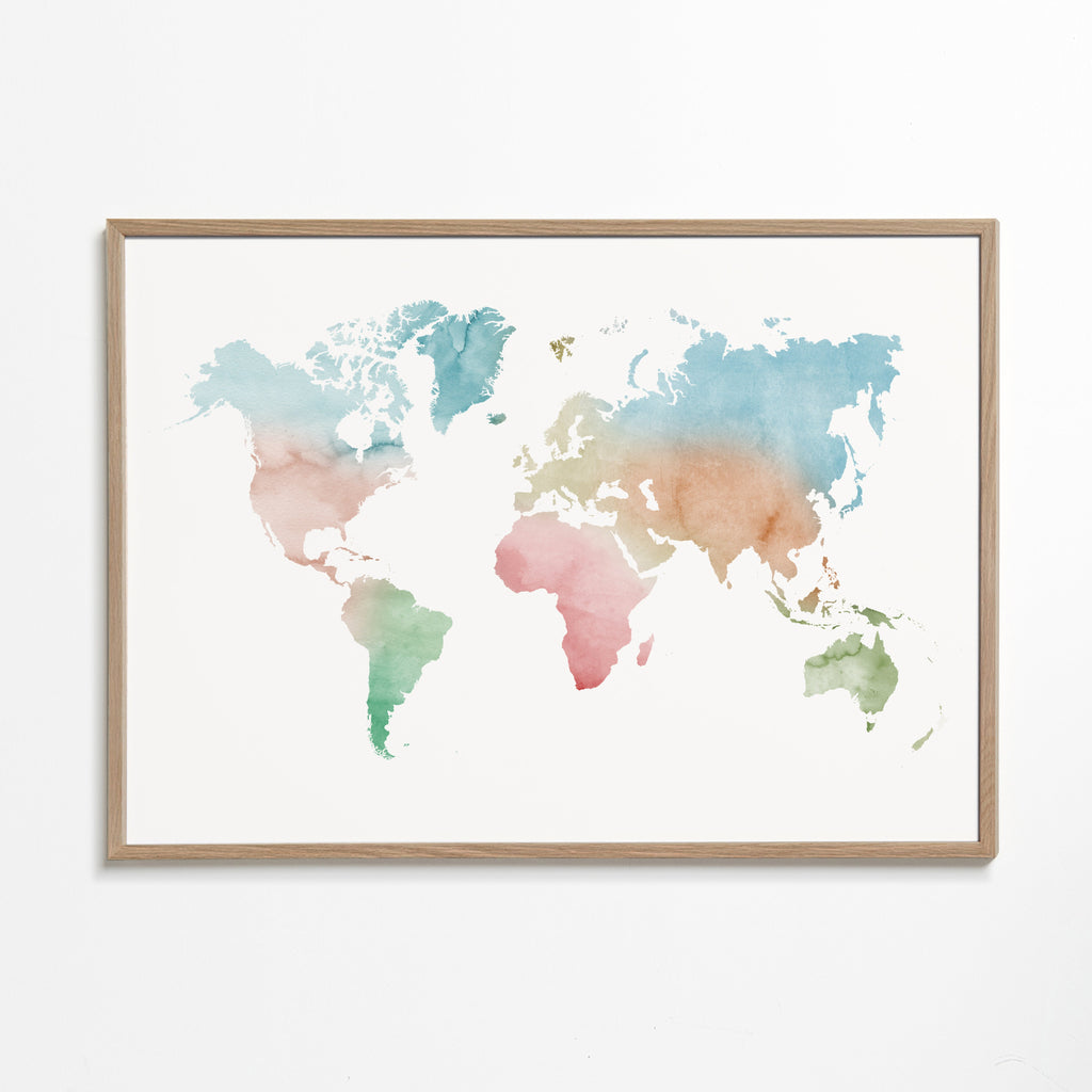 Cestovní plakát: světová mapa akvarel pastel