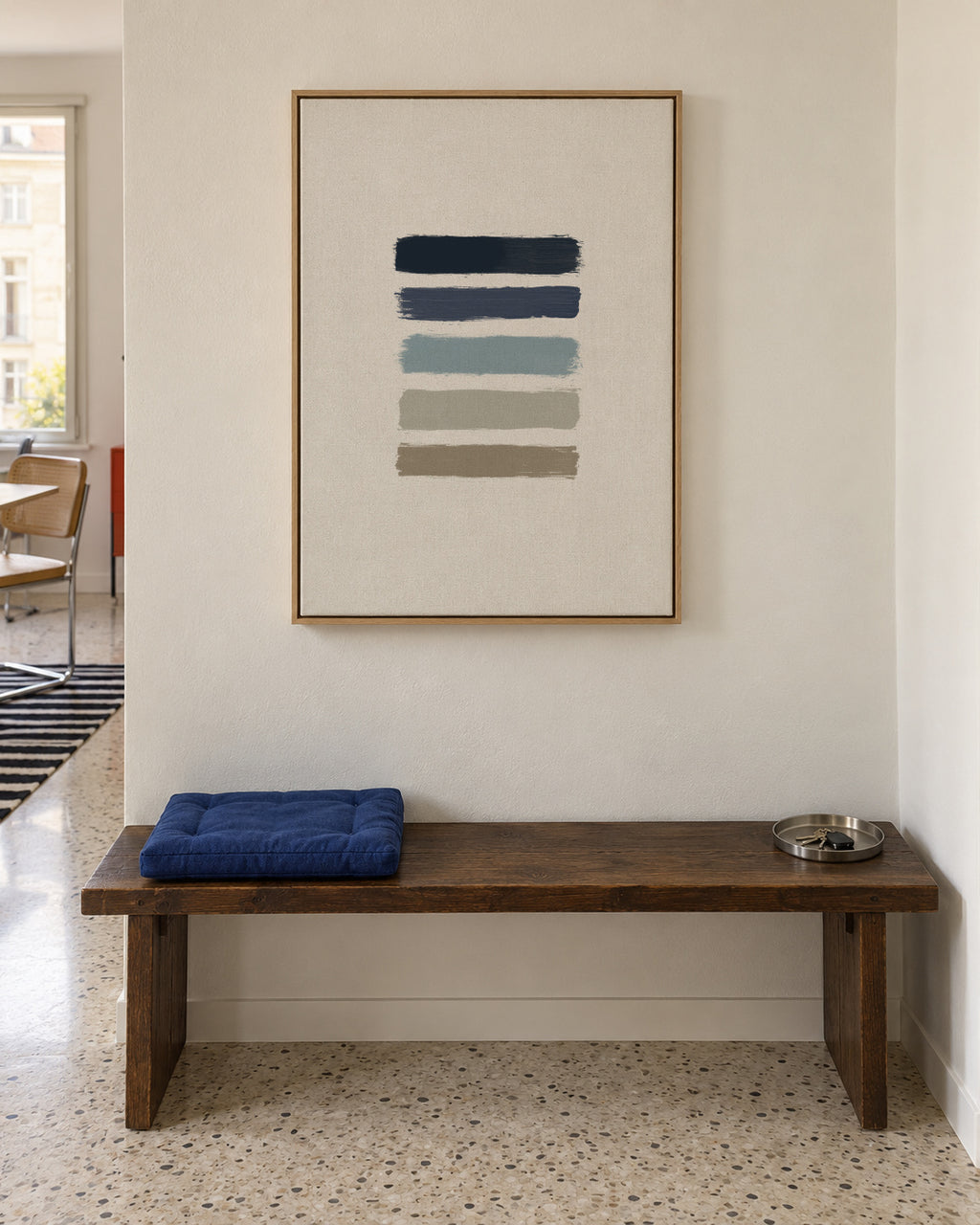 Blue & taupe stripes - Framed canvas in an interior
