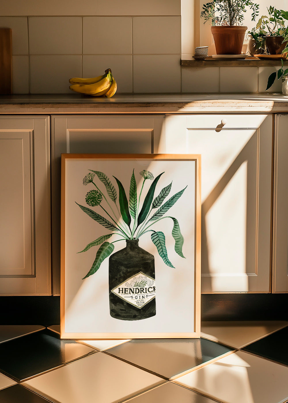 Obraz do kuchyně lahev Hendrick's s listím