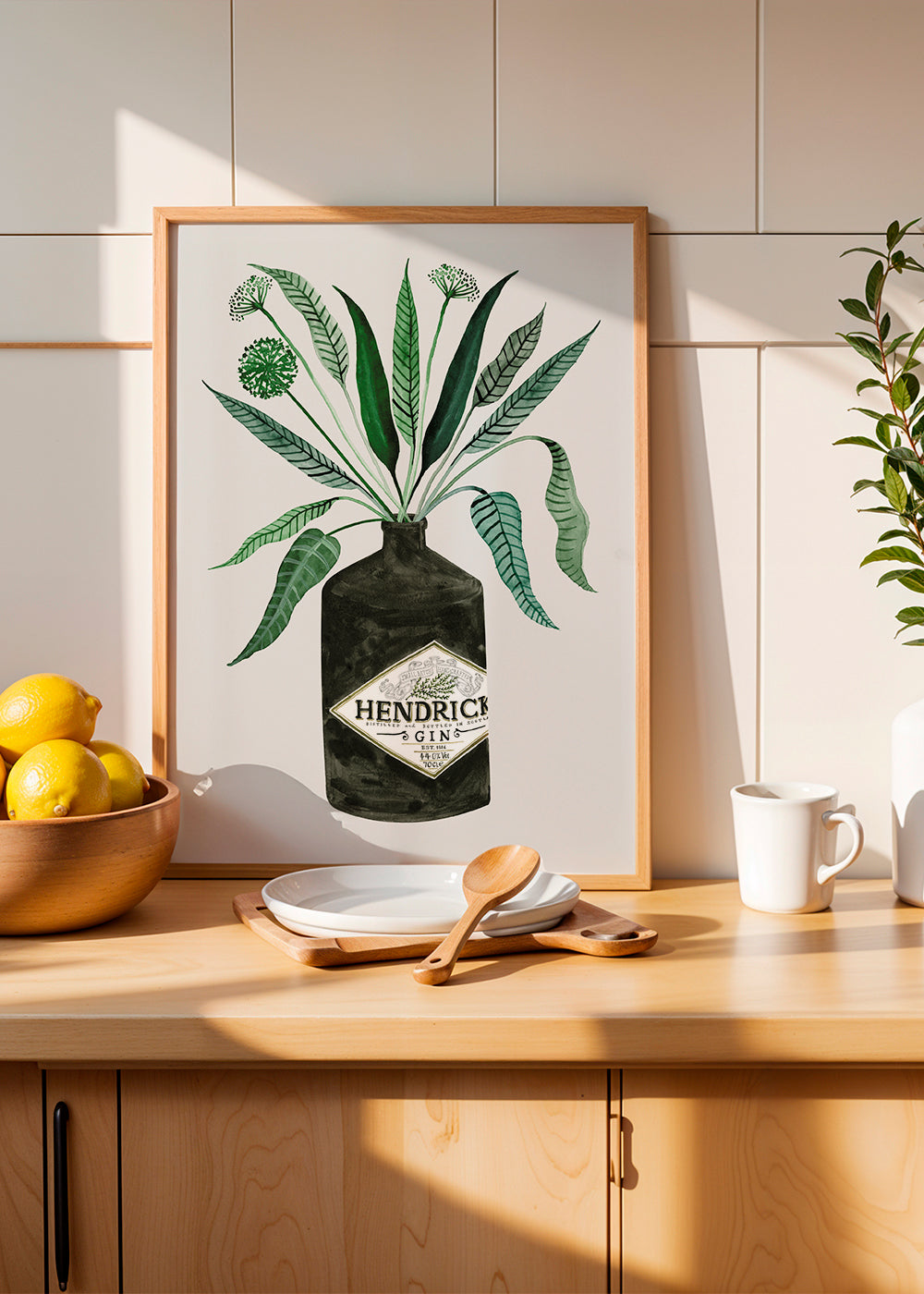 Obraz do kuchyně lahev Hendrick's s listím