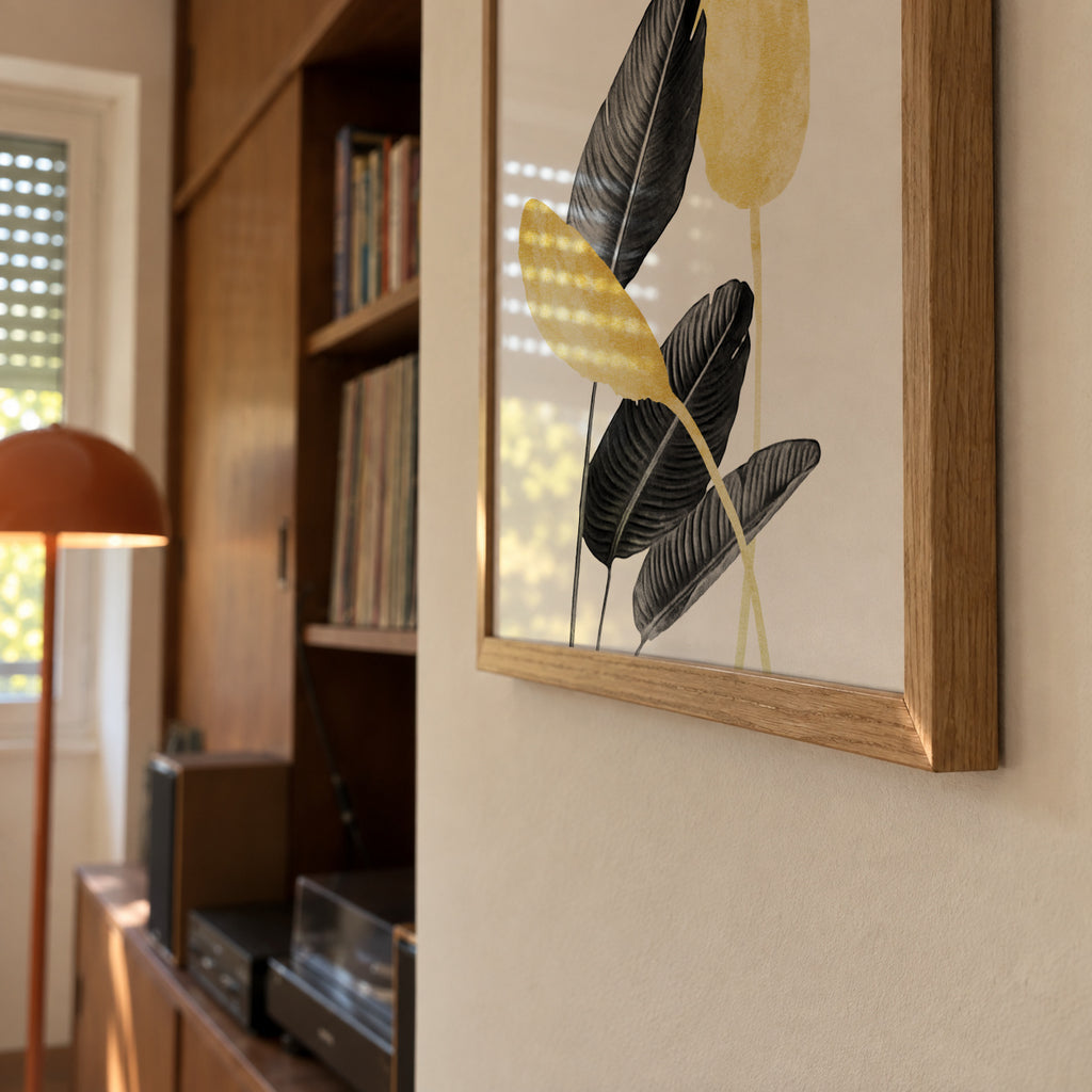 Bird of Paradise Plant Black, White and Gold 02 - Framed poster detail