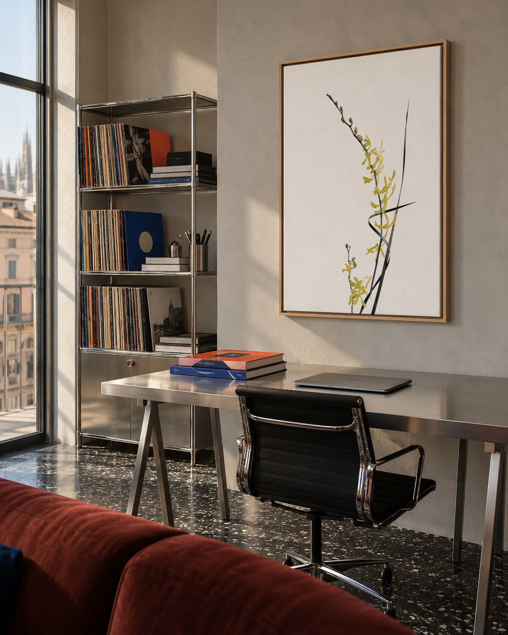 Flower Minimal Black and Gold 06 - Framed canvas in an interior