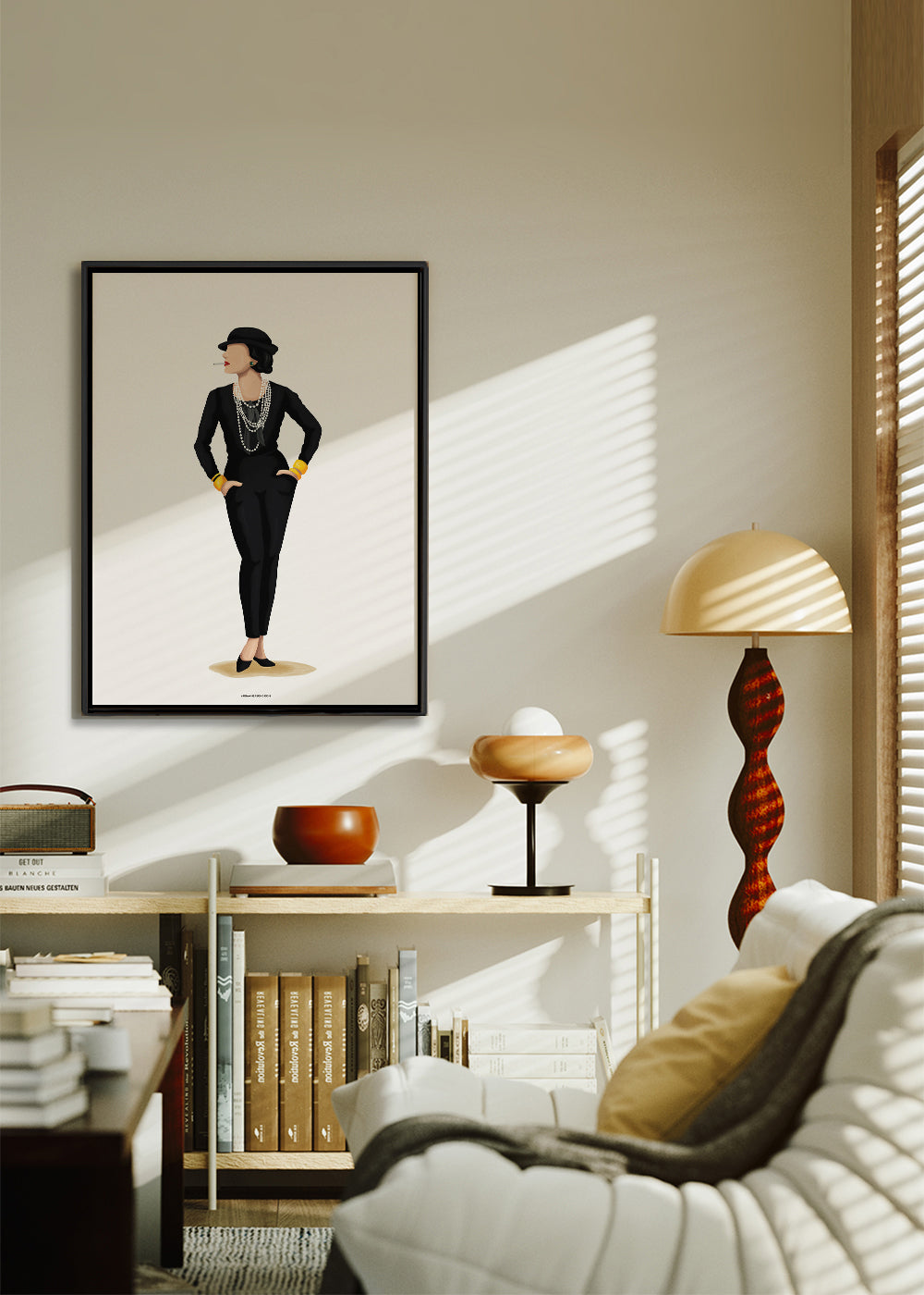 Ilustrace Coco Chanel s perlami