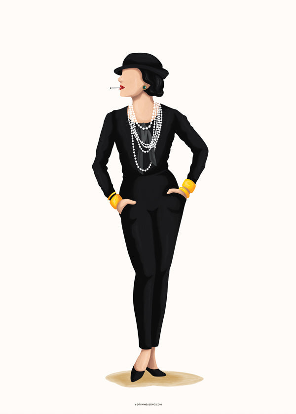 Ilustrace Coco Chanel s perlami