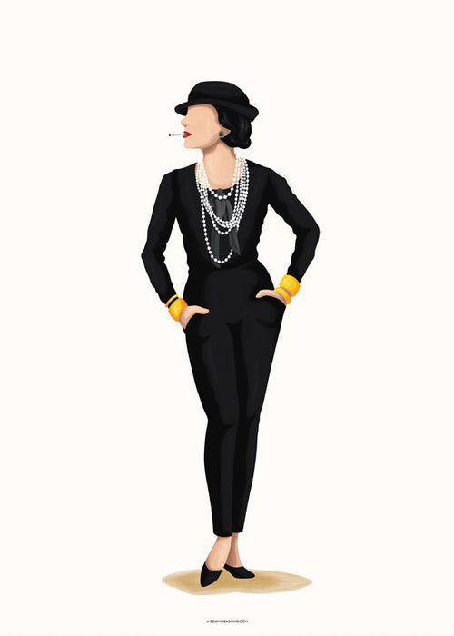 Ilustrace Coco Chanel s perlami