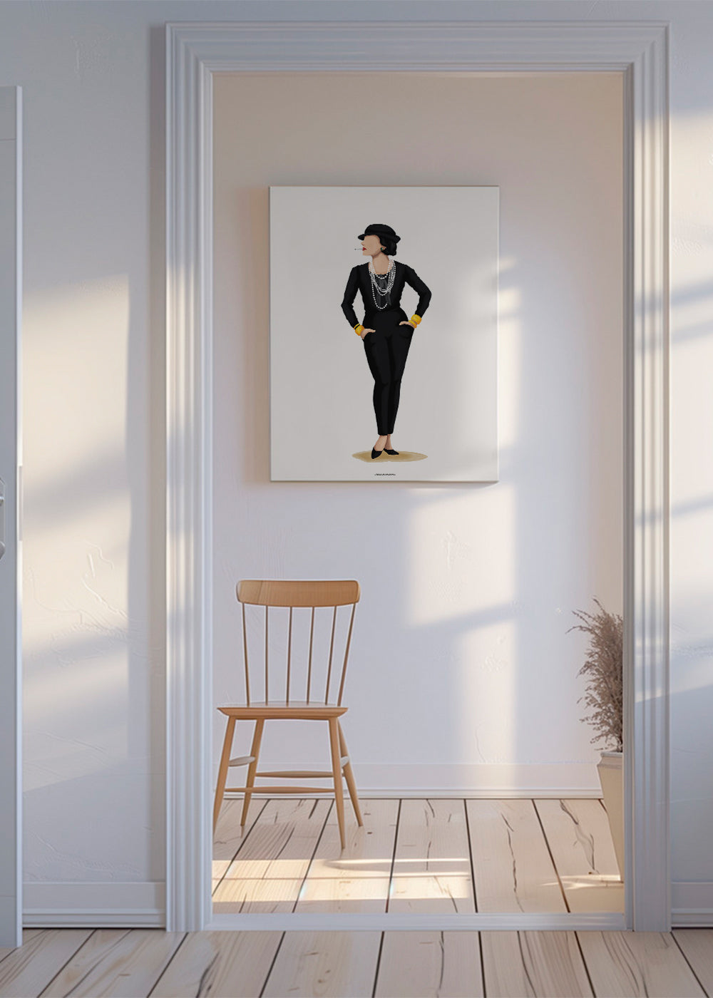 Ilustrace Coco Chanel s perlami