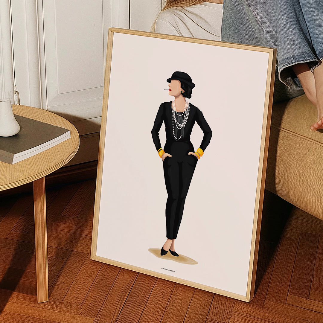 Ilustrace Coco Chanel s perlami