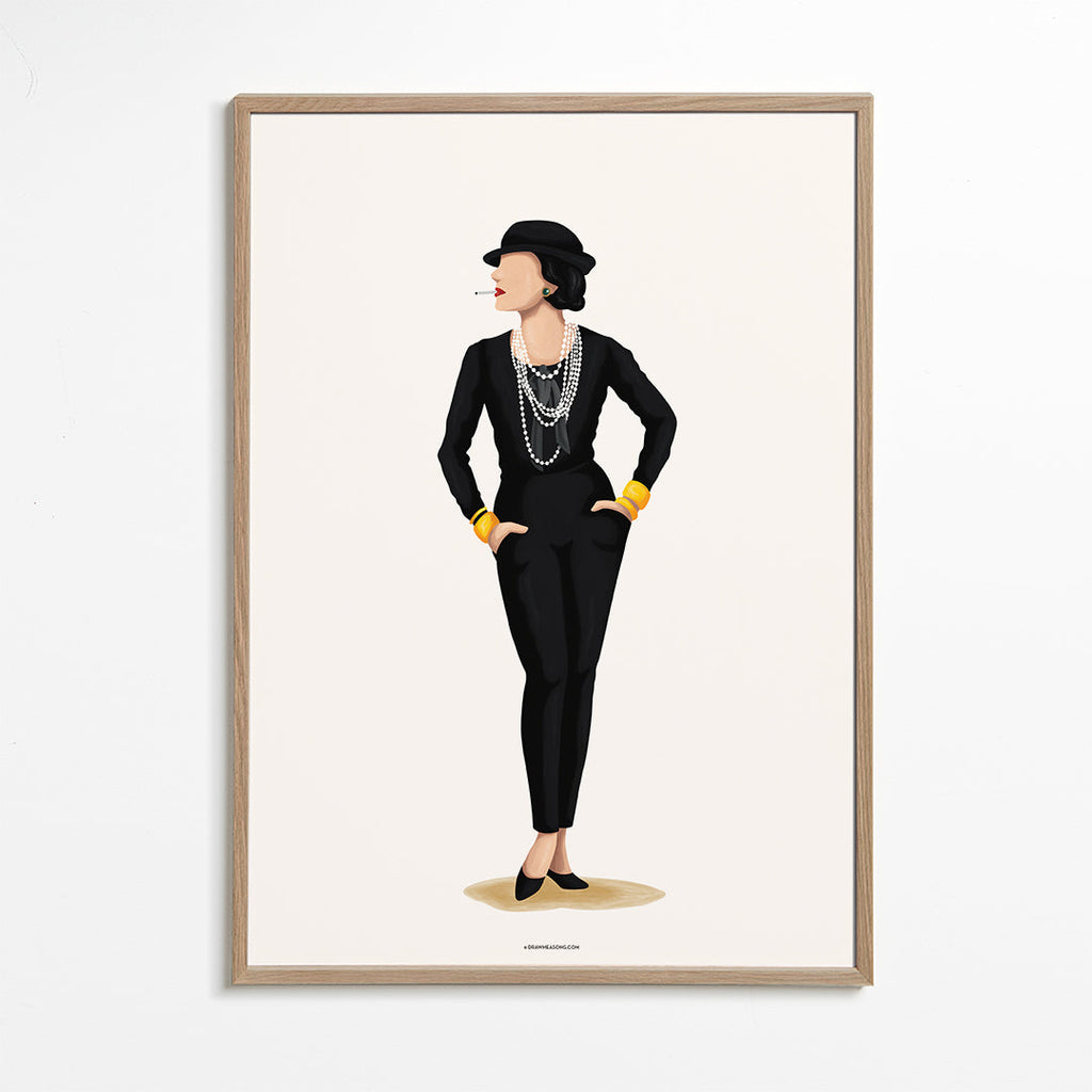 Ilustrace Coco Chanel s perlami