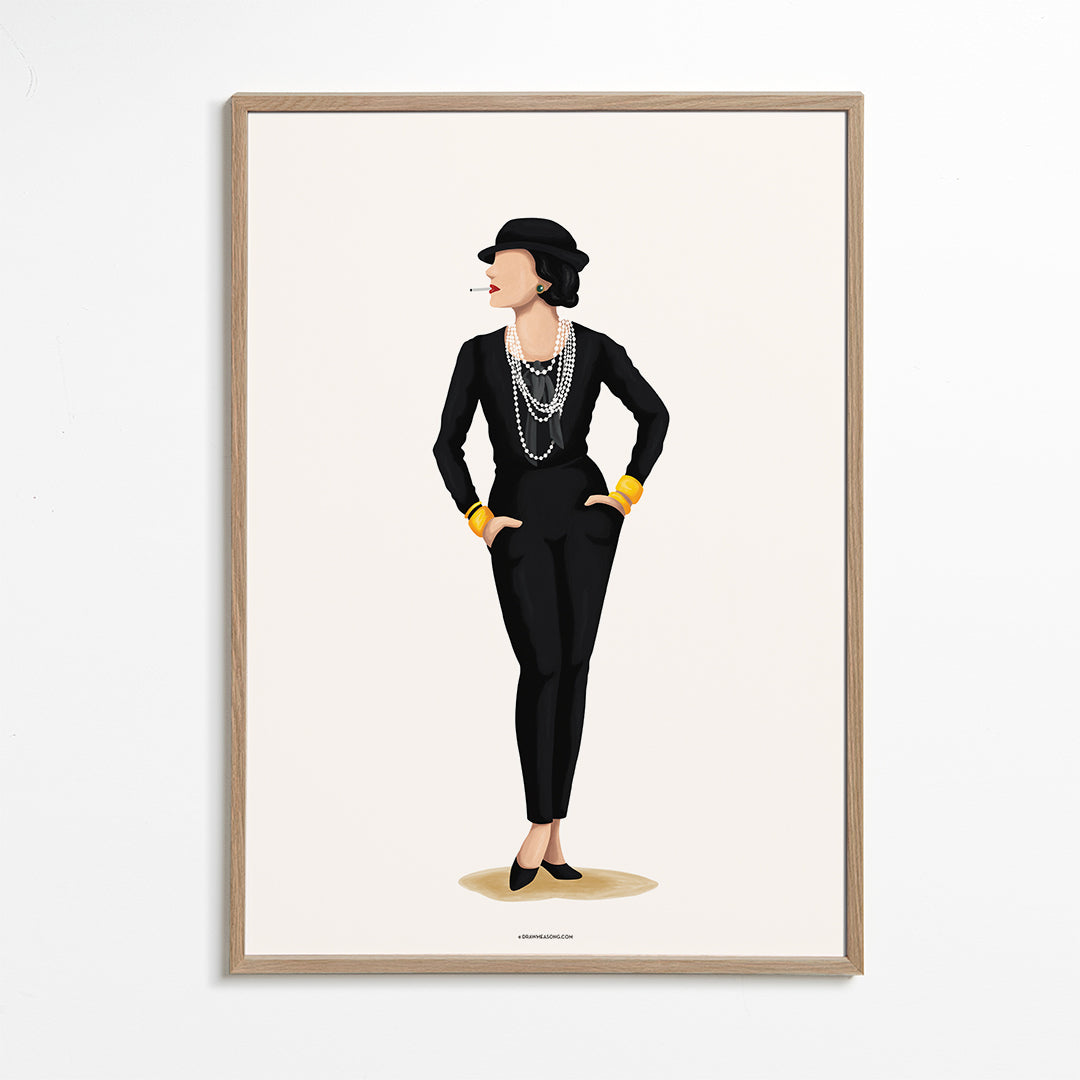 Ilustrace Coco Chanel s perlami