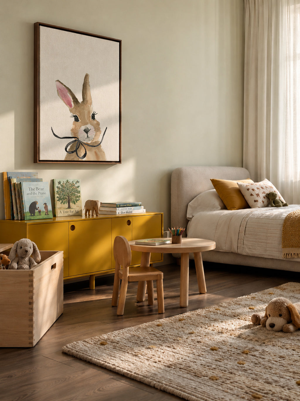 Bunny with bow - Framed canvas in an interior
