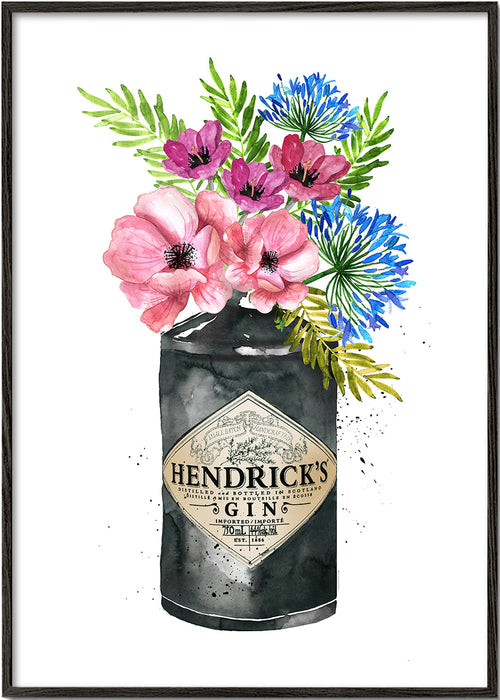 Botanický plakát s lahví Hendrick's a květinami