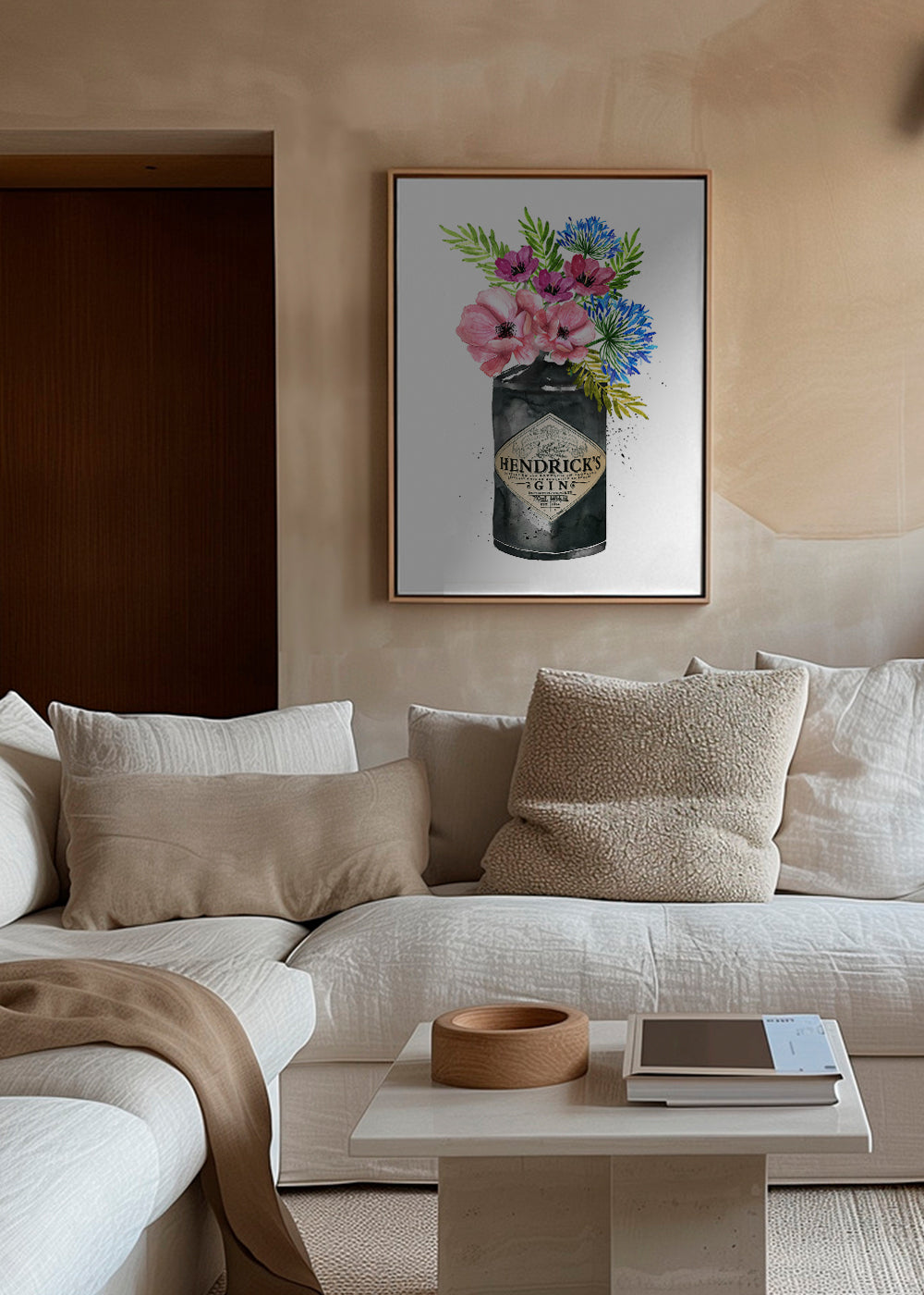 Botanický plakát s lahví Hendrick's a květinami