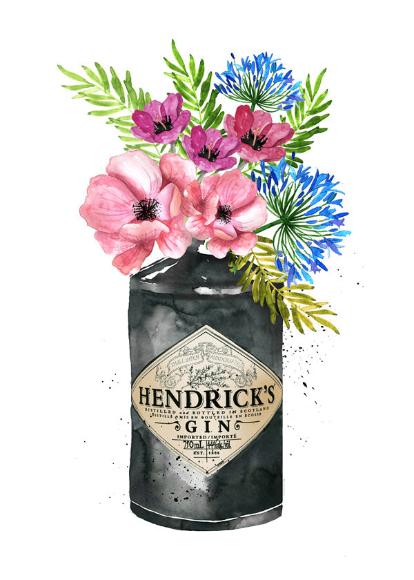 Botanický plakát s lahví Hendrick's a květinami