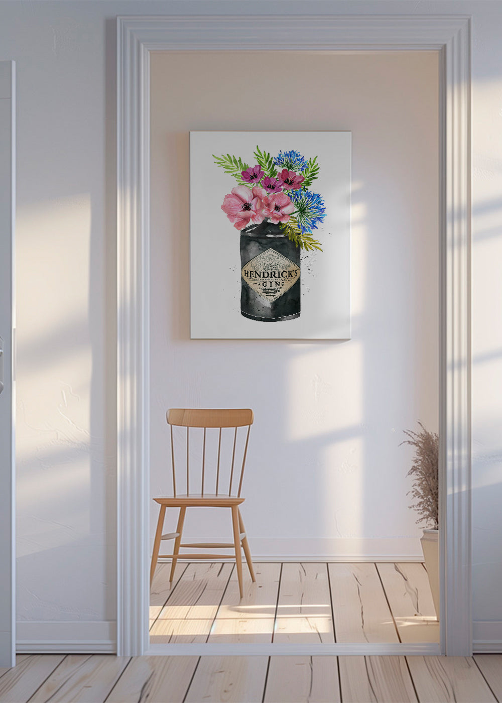 Botanický plakát s lahví Hendrick's a květinami