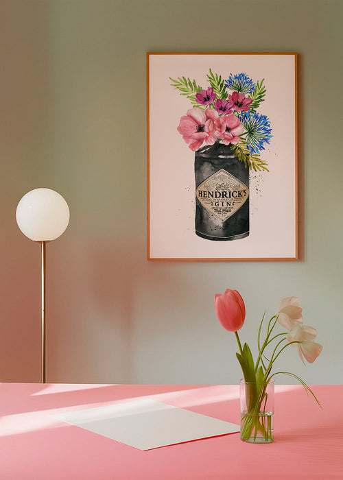 Botanický plakát s lahví Hendrick's a květinami
