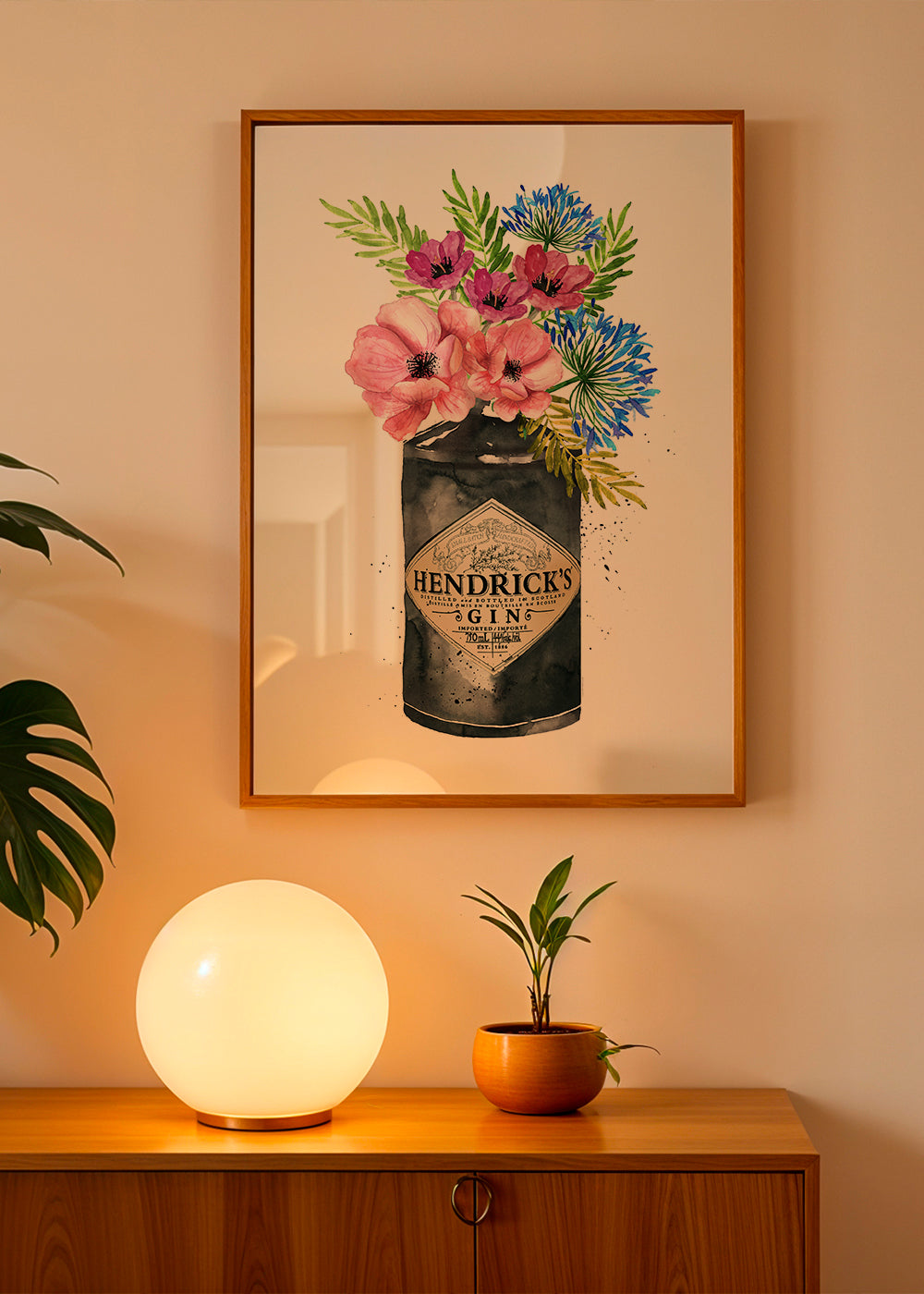Botanický plakát s lahví Hendrick's a květinami