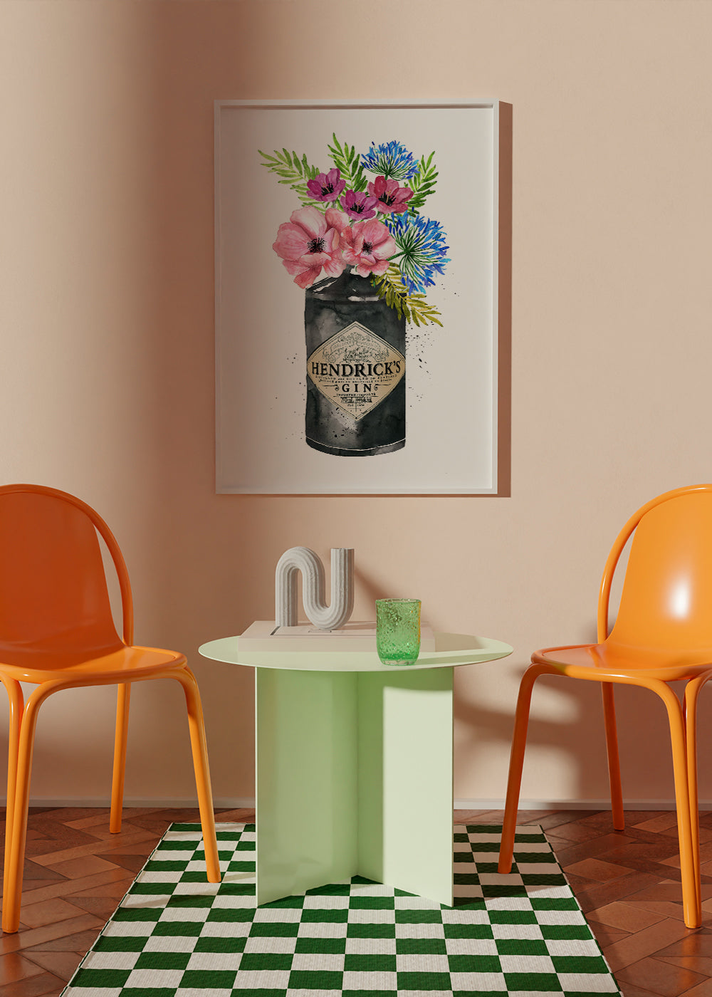 Botanický plakát s lahví Hendrick's a květinami