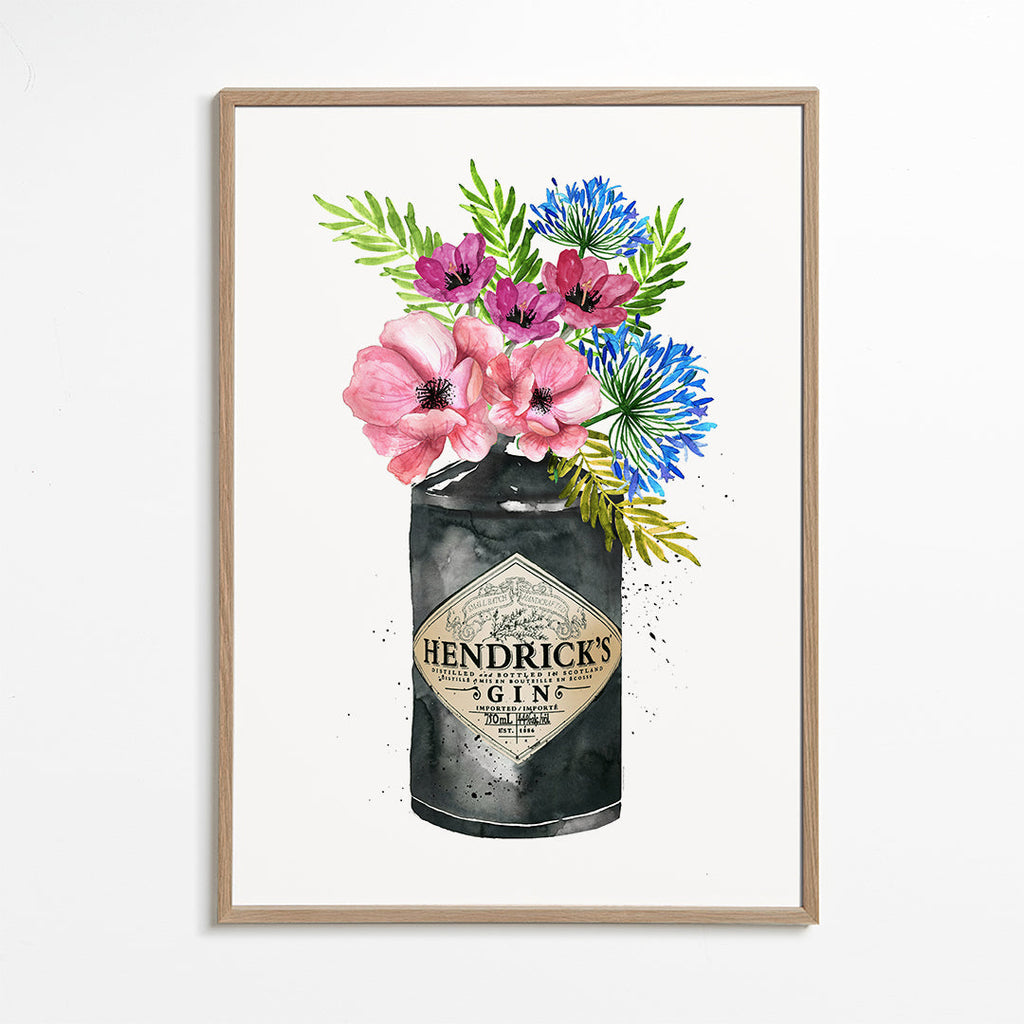 Botanický plakát s lahví Hendrick's a květinami