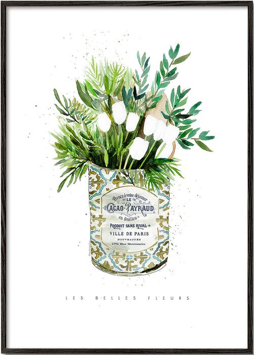 Botanický plakát bílé tulipány ve vintage plechovce