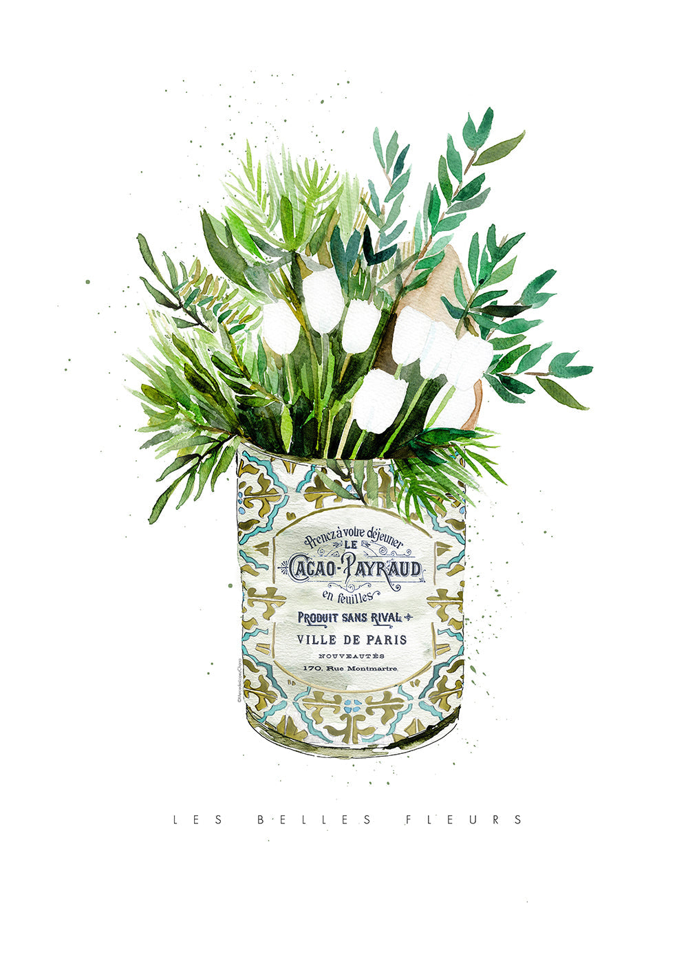 Botanický plakát bílé tulipány ve vintage plechovce