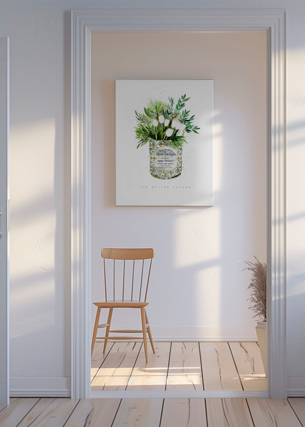 Botanický plakát bílé tulipány ve vintage plechovce