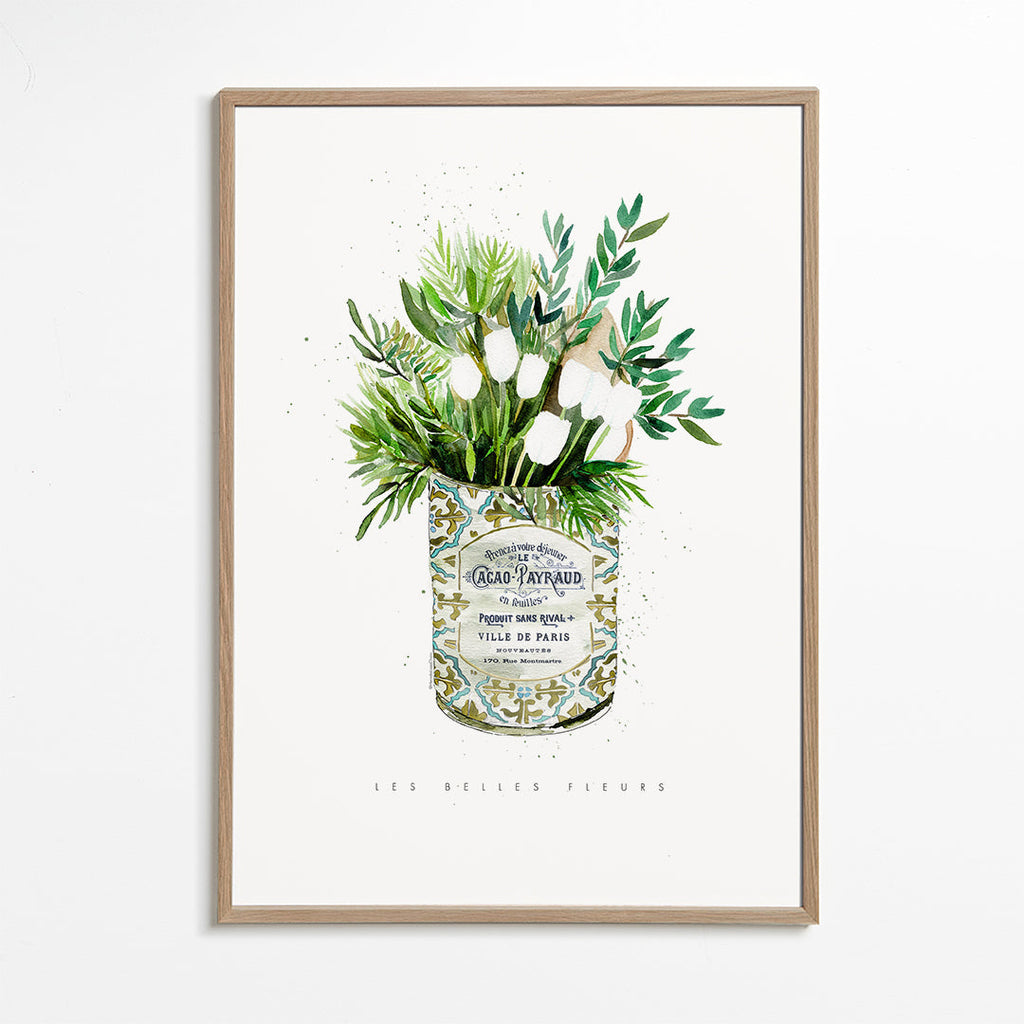 Botanický plakát bílé tulipány ve vintage plechovce