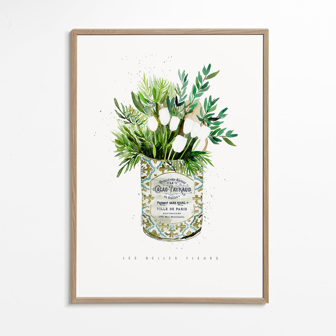 Botanický plakát bílé tulipány ve vintage plechovce