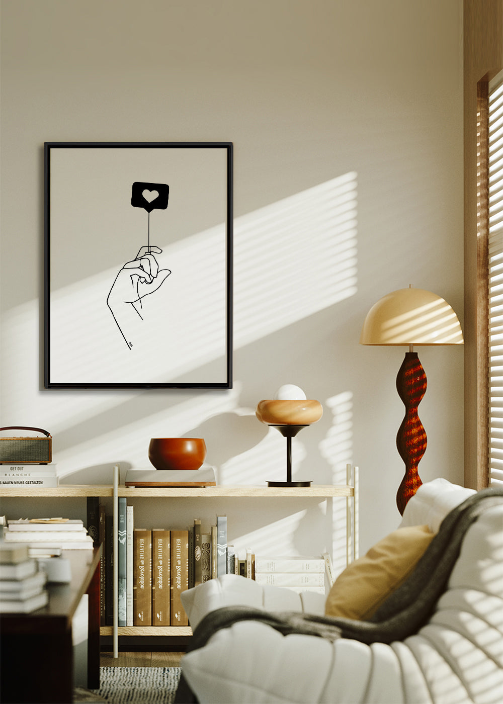 Minimalistická ilustrace: ruka s bublinou srdce