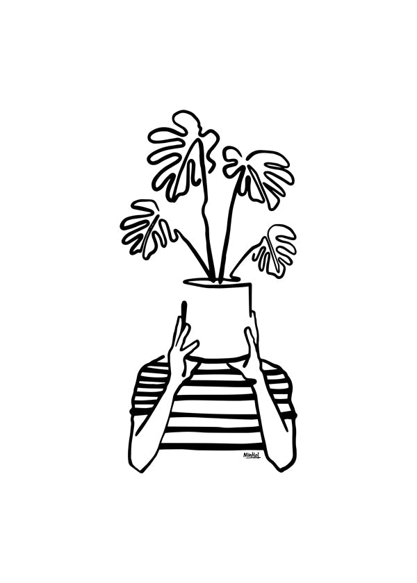 Botanický plakát s květináčem kryjícím obličej
