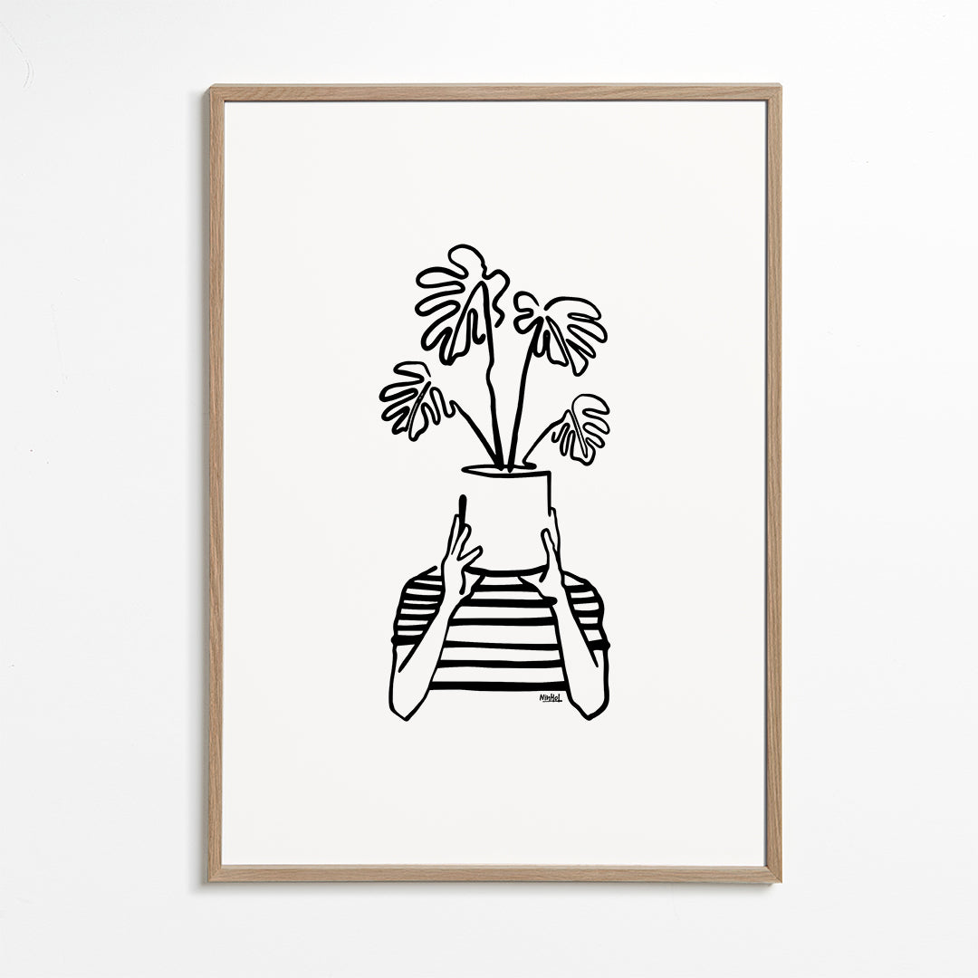 Botanický plakát s květináčem kryjícím obličej