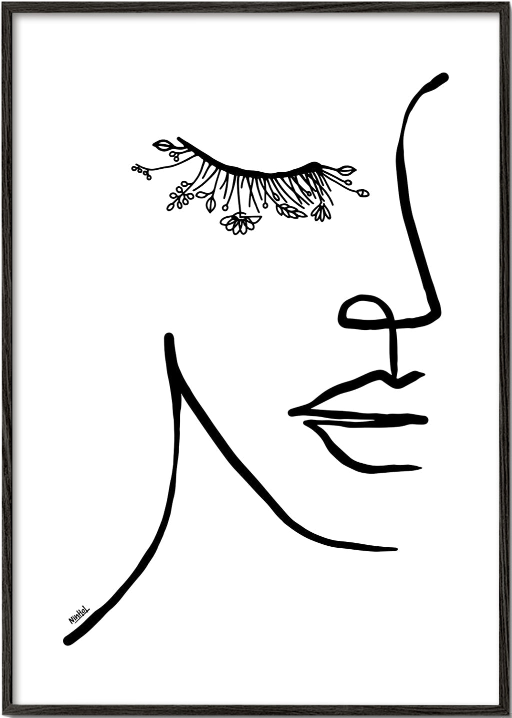 Minimalistická ilustrace tváře s květinovým řasou